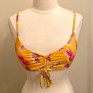 Aerie Yellow Pink Pineapple Print Ruched Tie Swim Tropical Bikini Top Size M